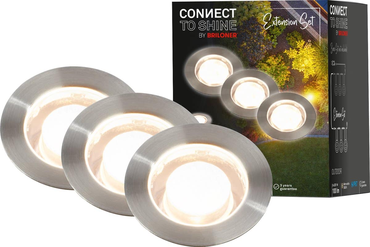 Briloner connect to Shine -LED vloerinbouwspots – 3917032 – Uitbreidingsset voor artikel 3916032 – met aardingscontactdoos – Warm wit licht – IP67 – 1 watt en 100 lumen per stuk – Ø45x66mm – Zilverkleurig - Image 2