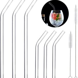 Relaxdays glazen rietjes – 6 stuks – incl. borstels – duurzaam – drinkrietjes – gebogen – gemengd
