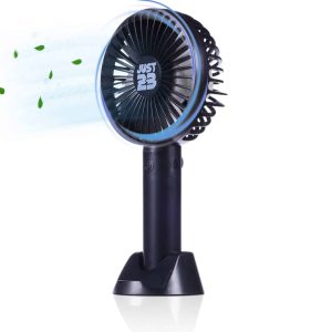 JUST23 Elektrisch Draagbare Handventilator met licht – Zwart – Mini Ventilator – Aircooler Staand – Tafelventilator – 3 Standen – incl. oplaadbare batterij en USB kabel