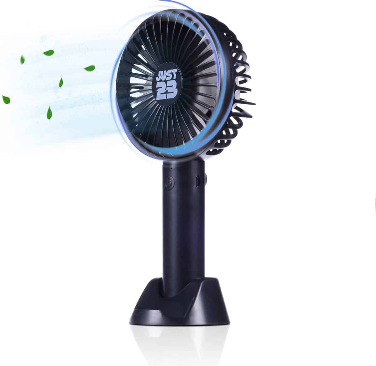 JUST23 Elektrisch Draagbare Handventilator met licht – Zwart – Mini Ventilator – Aircooler Staand – Tafelventilator – 3 Standen – incl. oplaadbare batterij en USB kabel - Image 2