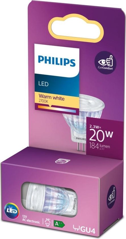 Philips LED lamp GU4 Reflector Spot Lichtbron – Warm wit – 2,3W = 20W – Ø 3,55 cm – 1 stuk