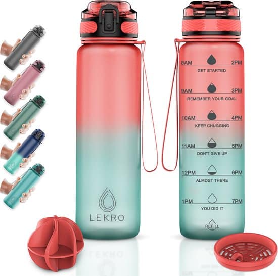 Lekro Waterfles Motivatie – Motiverende Drinkfles met Tijdmarkeringen – Drinkbus met Fruit Filter – 1 Liter – BPA vrij – Roze/Blauw - Image 2