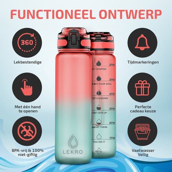 Lekro Waterfles Motivatie – Motiverende Drinkfles met Tijdmarkeringen – Drinkbus met Fruit Filter – 1 Liter – BPA vrij – Roze/Blauw - Image 6
