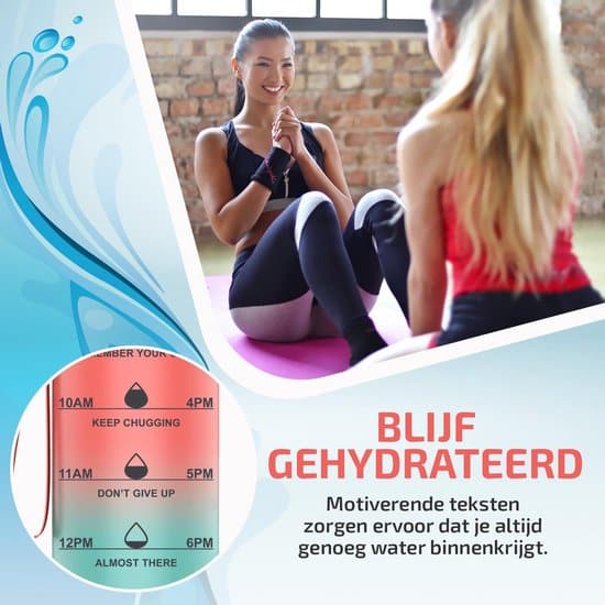 Lekro Waterfles Motivatie – Motiverende Drinkfles met Tijdmarkeringen – Drinkbus met Fruit Filter – 1 Liter – BPA vrij – Roze/Blauw - Image 7