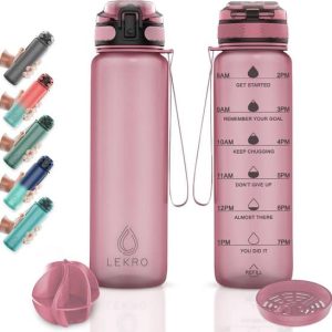 Lekro Motivatie Waterfles – Motiverende Drinkfles met Tijdmarkeringen – Met Fruit Filter – 1 Liter – BPA vrij – Rosé Goud