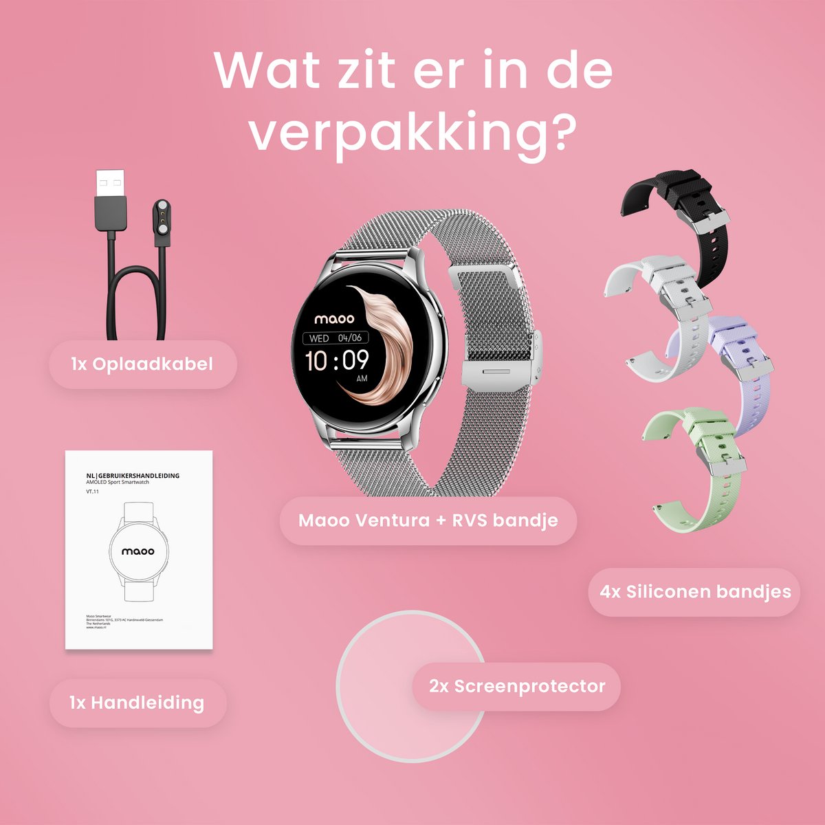 Maoo Ventura AMOLED Smartwatch Dames – RVS en 4x Siliconen Bandje – Stappenteller – Hartslagmeter – Slaapmonitor – Multisport – Geschikt voor Android en iOS – Zilver en Wit - Image 4