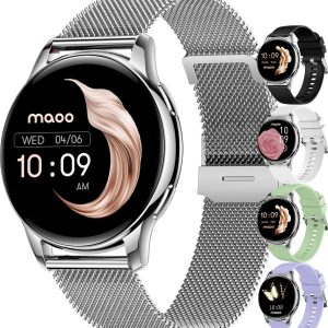 Maoo Ventura AMOLED Smartwatch Dames – RVS en 4x Siliconen Bandje – Stappenteller – Hartslagmeter – Slaapmonitor – Multisport – Geschikt voor Android en iOS – Zilver en Wit