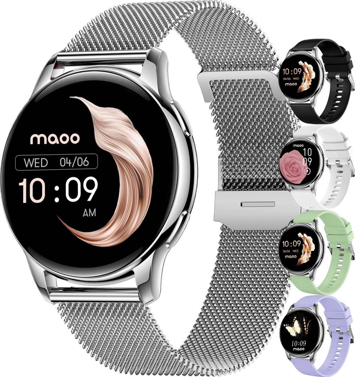 Maoo Ventura AMOLED Smartwatch Dames – RVS en 4x Siliconen Bandje – Stappenteller – Hartslagmeter – Slaapmonitor – Multisport – Geschikt voor Android en iOS – Zilver en Wit - Image 2