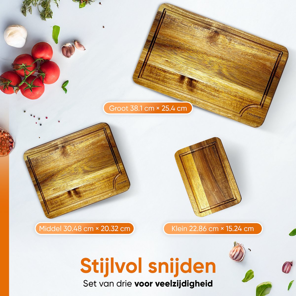 3 Delige Snijplankenset – Snijplanken acaciahout – Keukenplanken met sapgeul – Snijplank – Borrelplank – Serveerplank – Houten snijplank – 38.1 x 25.4cm – Incl. onderhoudsolie - Image 7