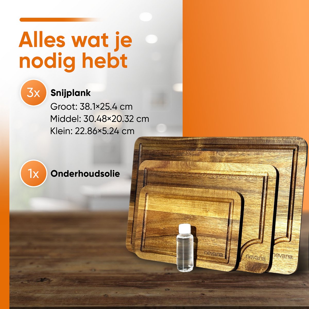 3 Delige Snijplankenset – Snijplanken acaciahout – Keukenplanken met sapgeul – Snijplank – Borrelplank – Serveerplank – Houten snijplank – 38.1 x 25.4cm – Incl. onderhoudsolie - Image 4