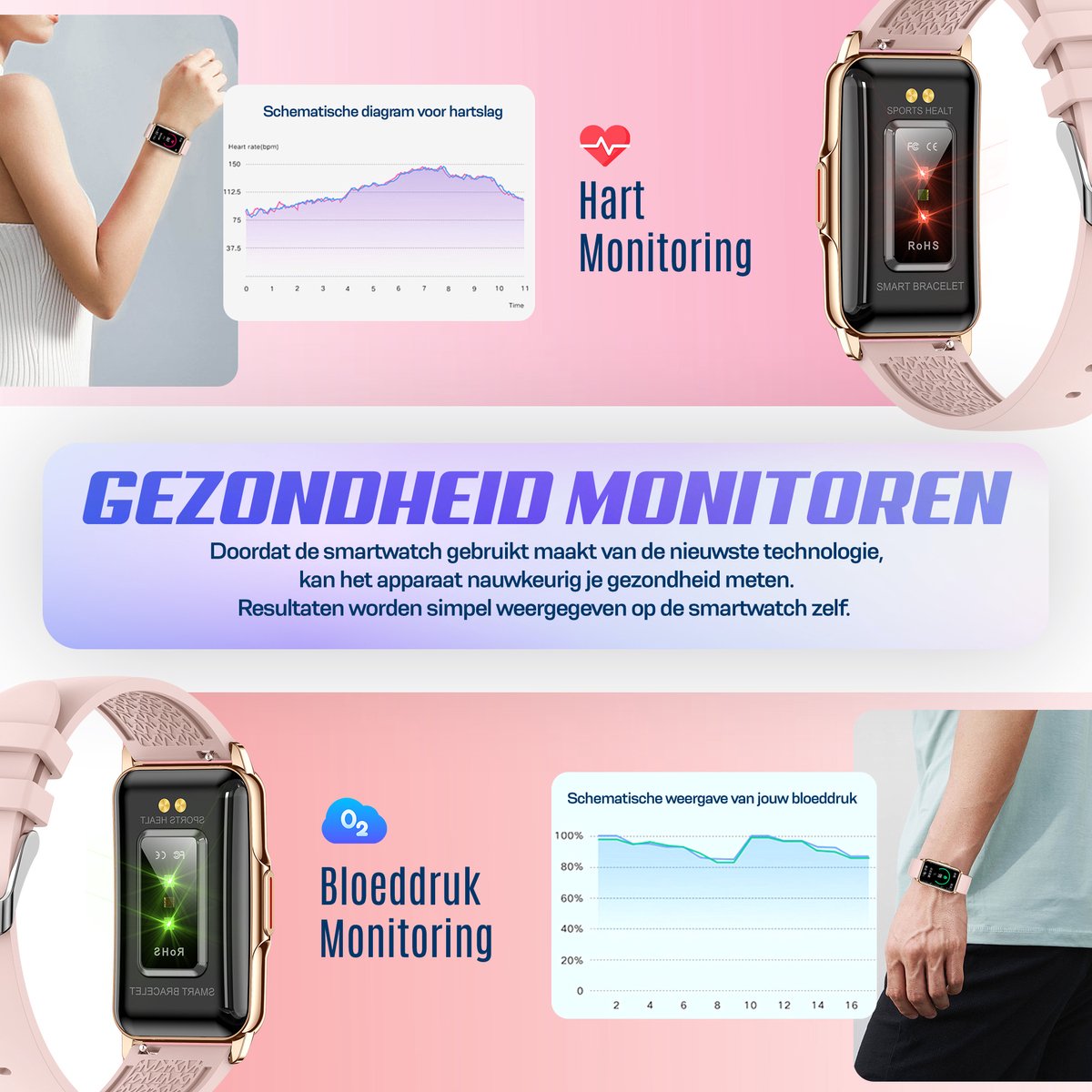 Golden Sound Activity Tracker – Stappenteller Horloge – Fitness Tracker – Smartwatch – Smartwatches – Dames – Roze - Image 9