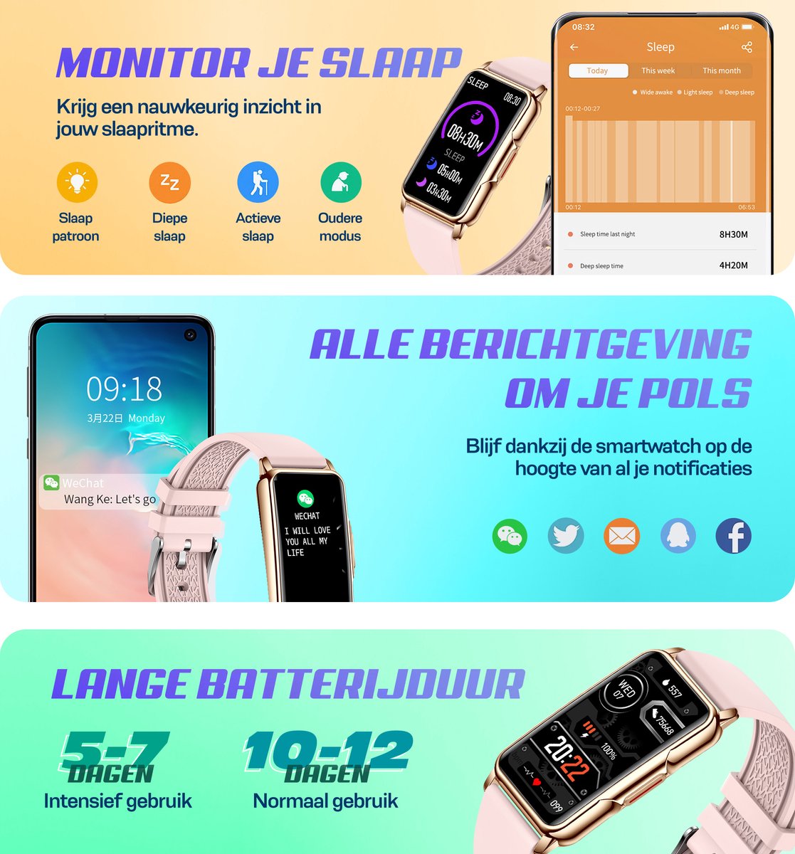 Golden Sound Activity Tracker – Stappenteller Horloge – Fitness Tracker – Smartwatch – Smartwatches – Dames – Roze - Image 7