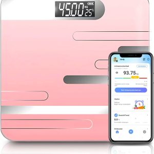 Jor Quality Weegschaal Personenweegschaal Digitaal – Slimme Weegschaal met 17x Lichaamsanalyse – Weegschalen – USB Oplaadbaar Bluetooth Functie – Incl. App – Roze