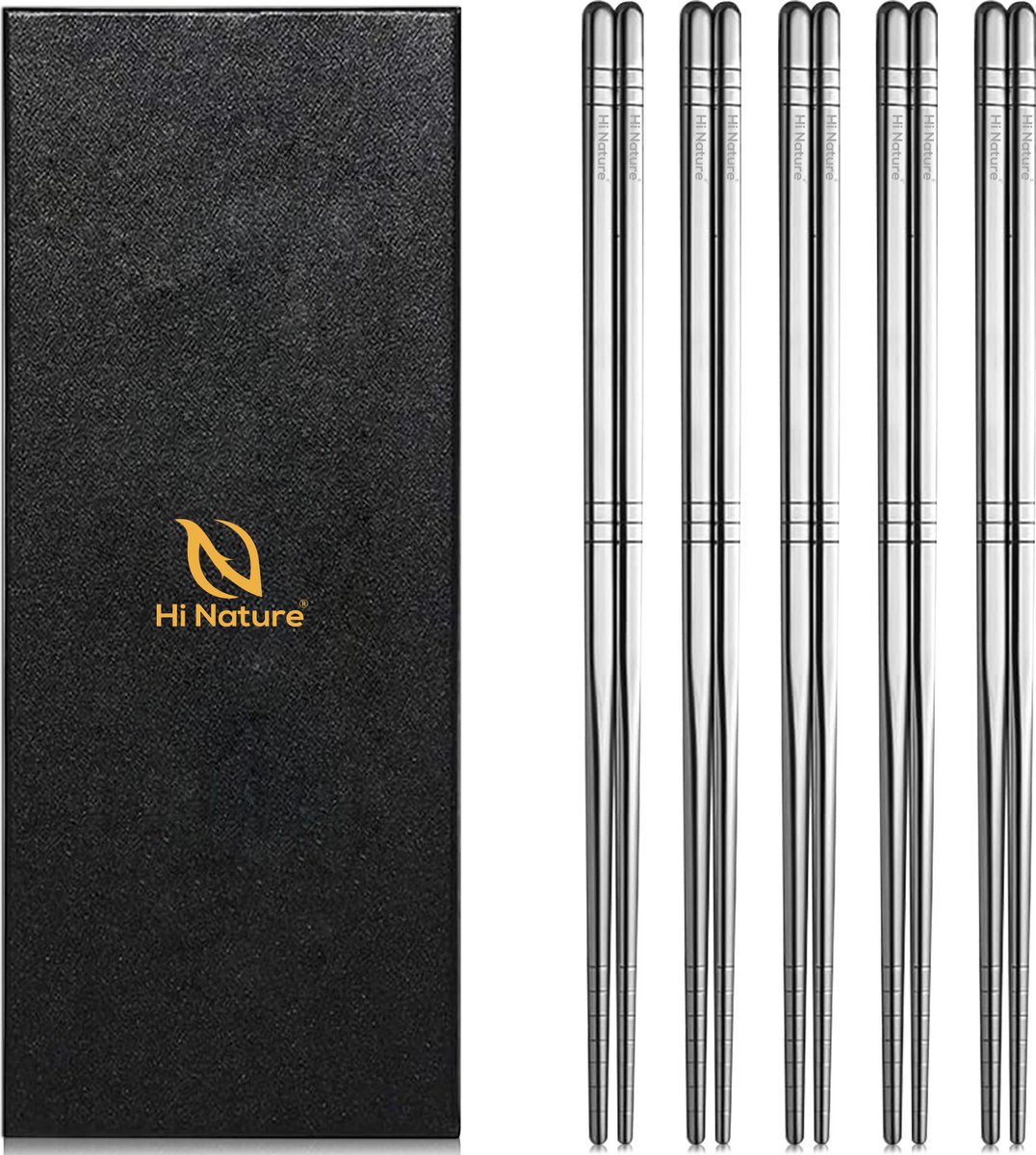 HI NATURE™ Luxe Chopsticks Set – Koreaanse Eetstokjes – Herbruikbaar en Vaatwasserbestendig – 5 Paar – Antislip – Metaal / RVS – Zilver