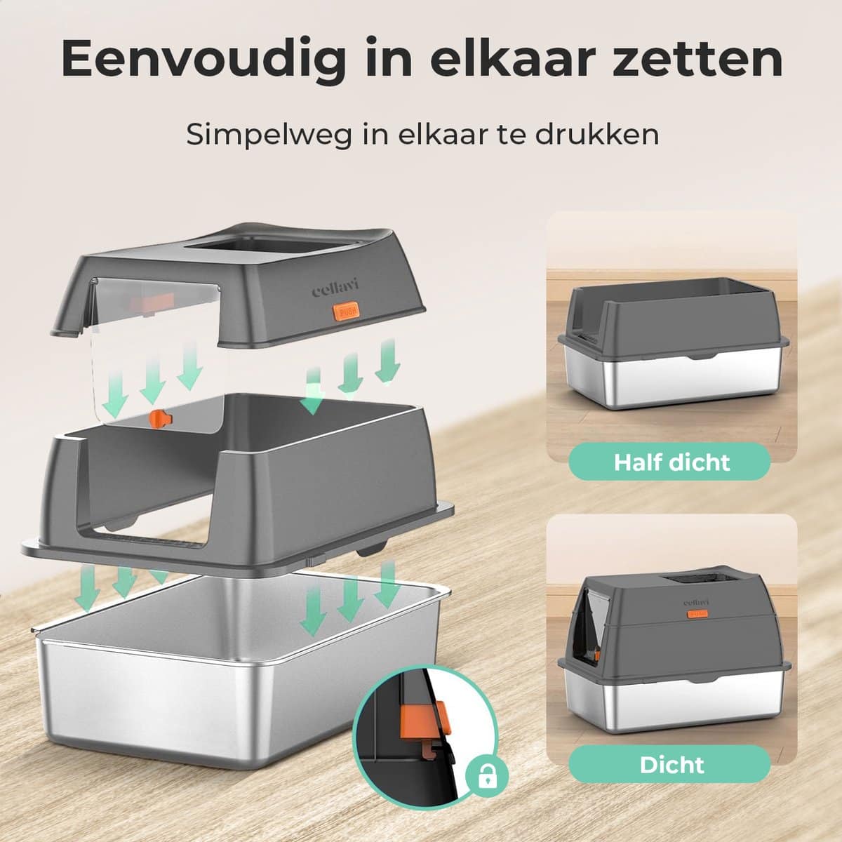 Cellavi Kattenbak RVS – Geschikt voor Grote en Kleine Katten – Incl. Kattenbakschep en Grit Opvanger – Donker Grijs – 60x40x38 cm - Image 6