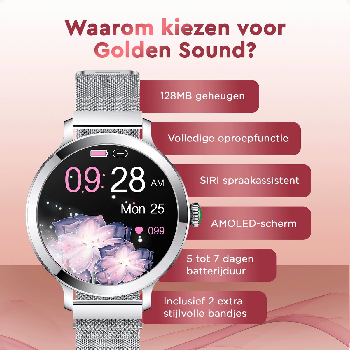 Golden Sound AMOLED Smartwatch Dames – 3 extra bandjes – Geschikt voor elke laptop en smartphone – Stappenteller – Slaapmonitor – Saturatiemeter – 40mm – Zilver - Image 5