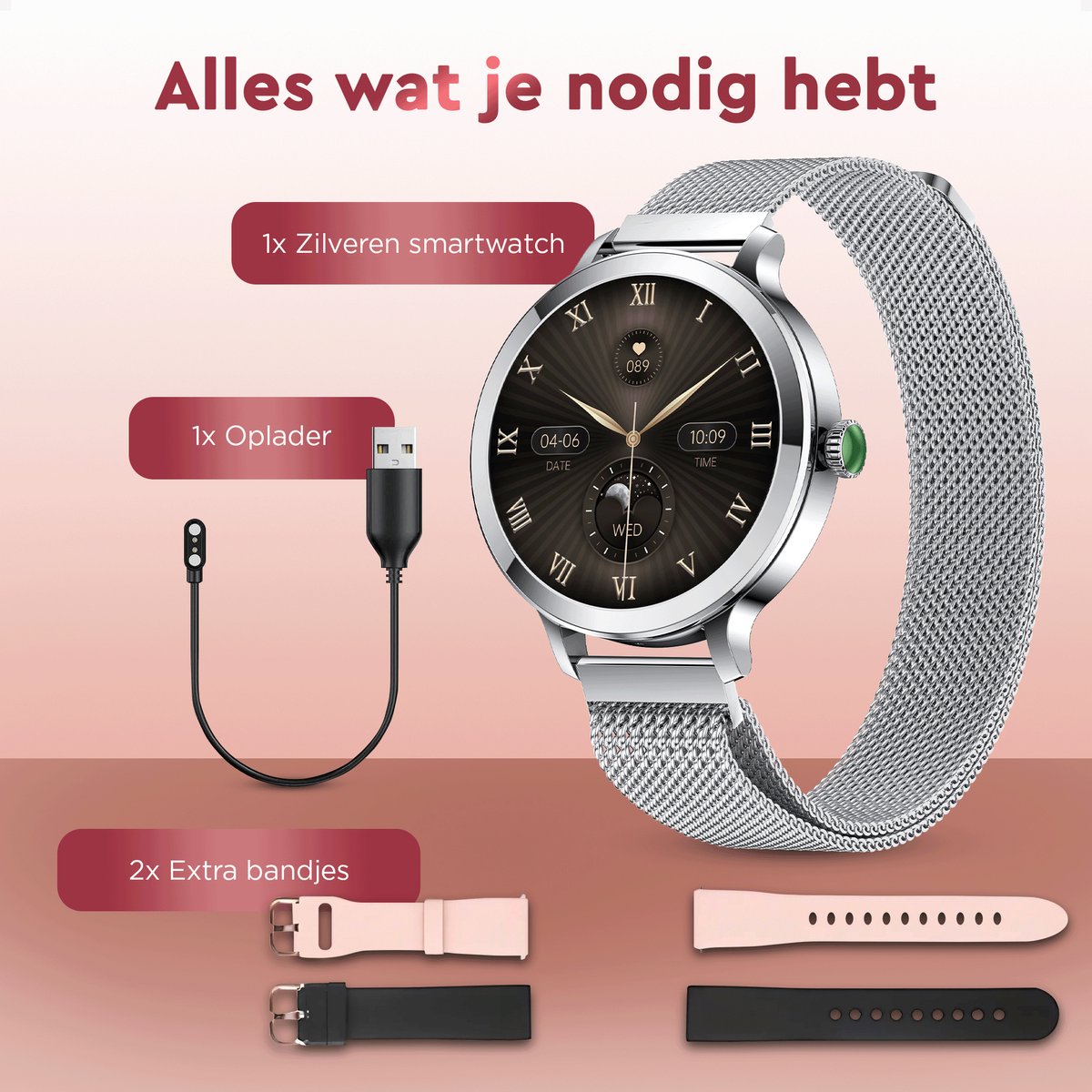 Golden Sound AMOLED Smartwatch Dames – 3 extra bandjes – Geschikt voor elke laptop en smartphone – Stappenteller – Slaapmonitor – Saturatiemeter – 40mm – Zilver - Image 8
