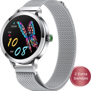 Golden Sound AMOLED Smartwatch Dames – 3 extra bandjes – Geschikt voor elke laptop en smartphone – Stappenteller – Slaapmonitor – Saturatiemeter – 40mm – Zilver