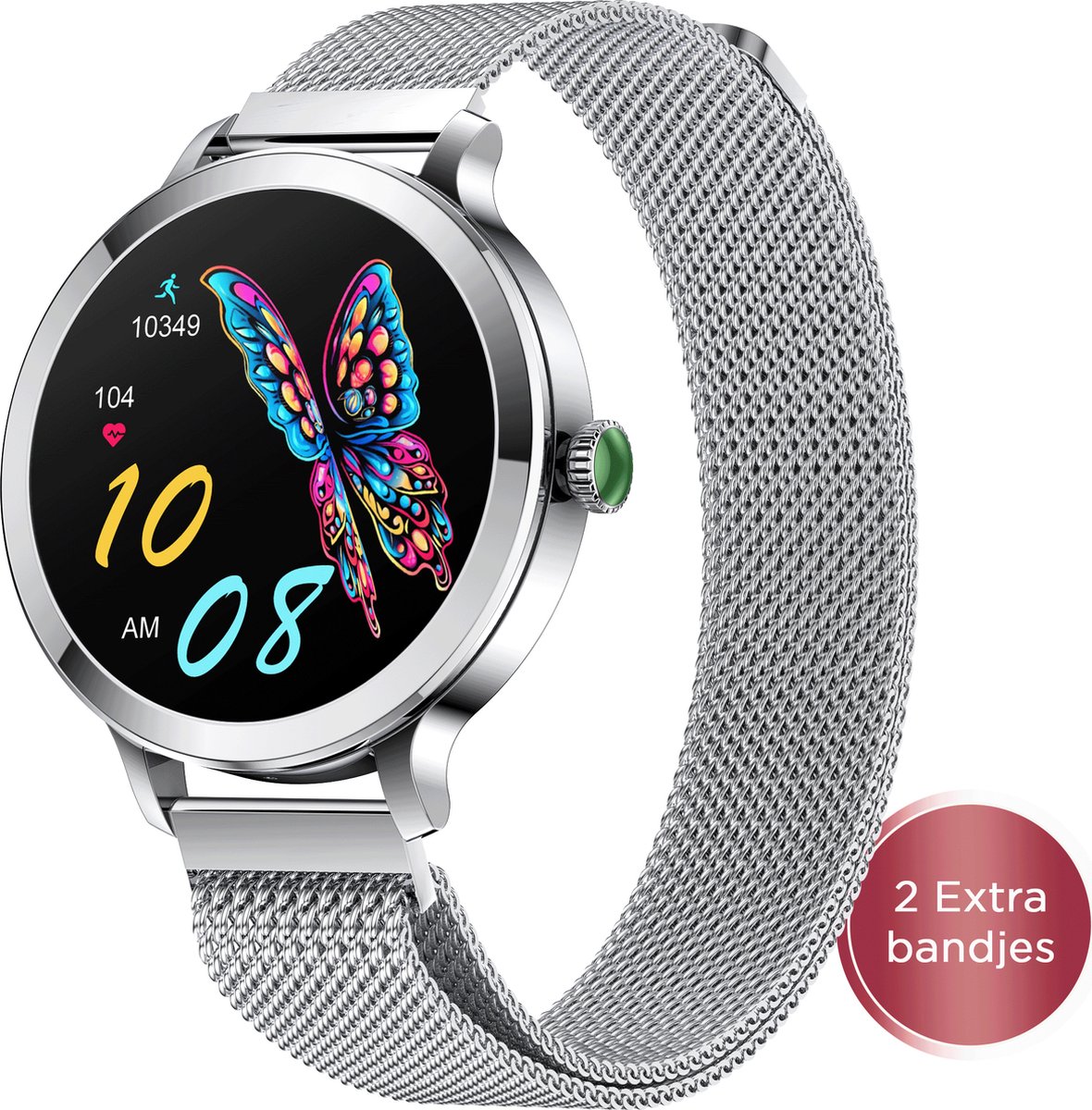 Golden Sound AMOLED Smartwatch Dames – 3 extra bandjes – Geschikt voor elke laptop en smartphone – Stappenteller – Slaapmonitor – Saturatiemeter – 40mm – Zilver
