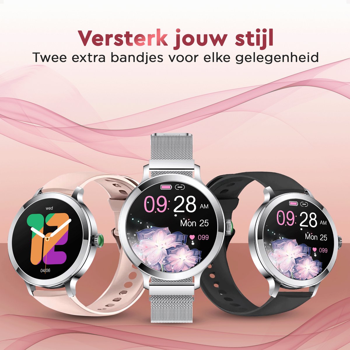 Golden Sound AMOLED Smartwatch Dames – 3 extra bandjes – Geschikt voor elke laptop en smartphone – Stappenteller – Slaapmonitor – Saturatiemeter – 40mm – Zilver - Image 7