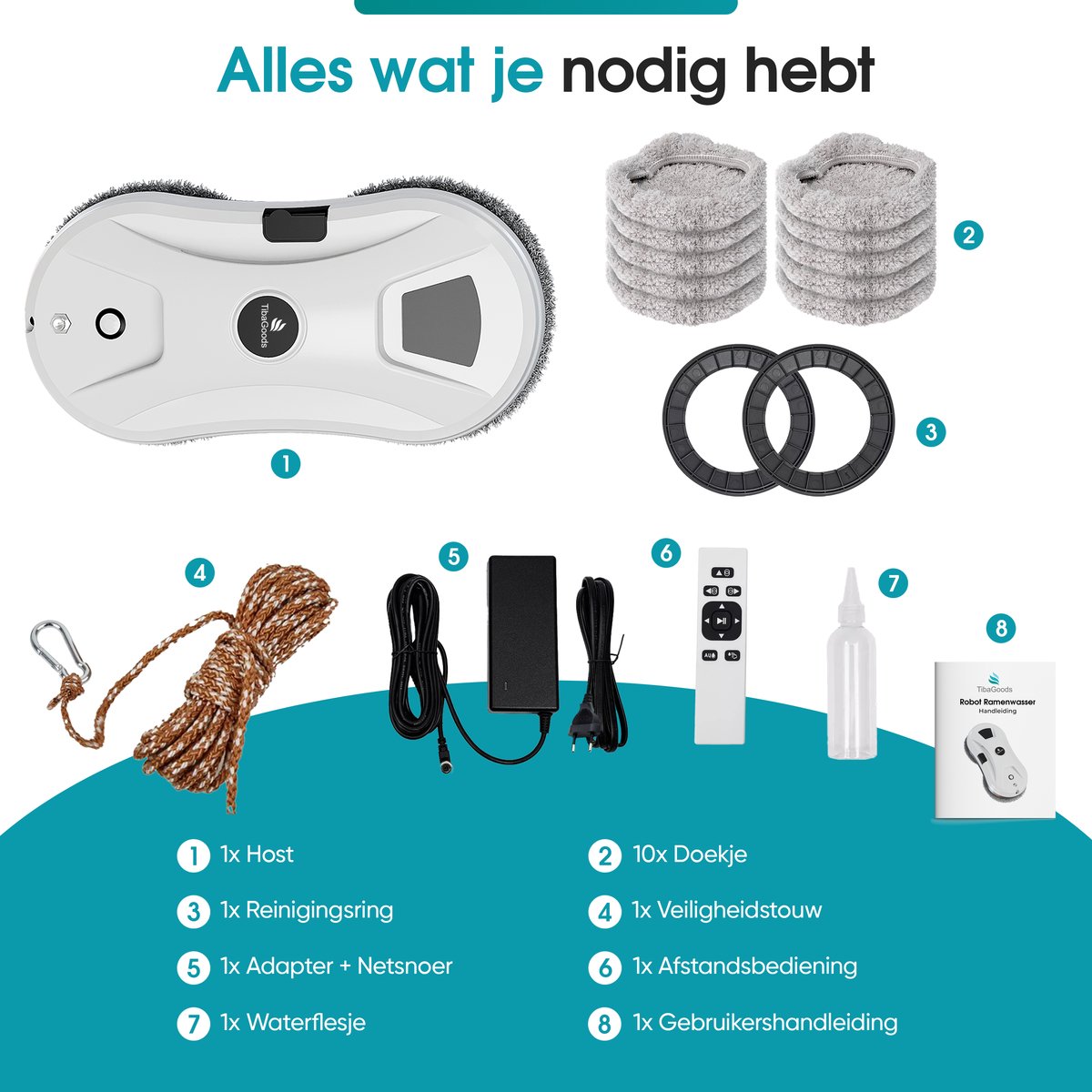 TibaGoods Robot Ruitenreiniger – Ramenwasser – Robot – Dweilrobot – Anti-val touw – Slimme waterspray – Krachtige zuigkracht – Met afstandsbediening – Incl. 10 microvezeldoeken - Image 6