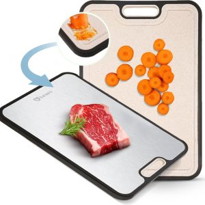 Lunaro Titanium Snijplank Dubbelzijdig – PFAS-vrij – Vermijd Microplastics – Met Raspdeel & Sapgeul – 39x27cm