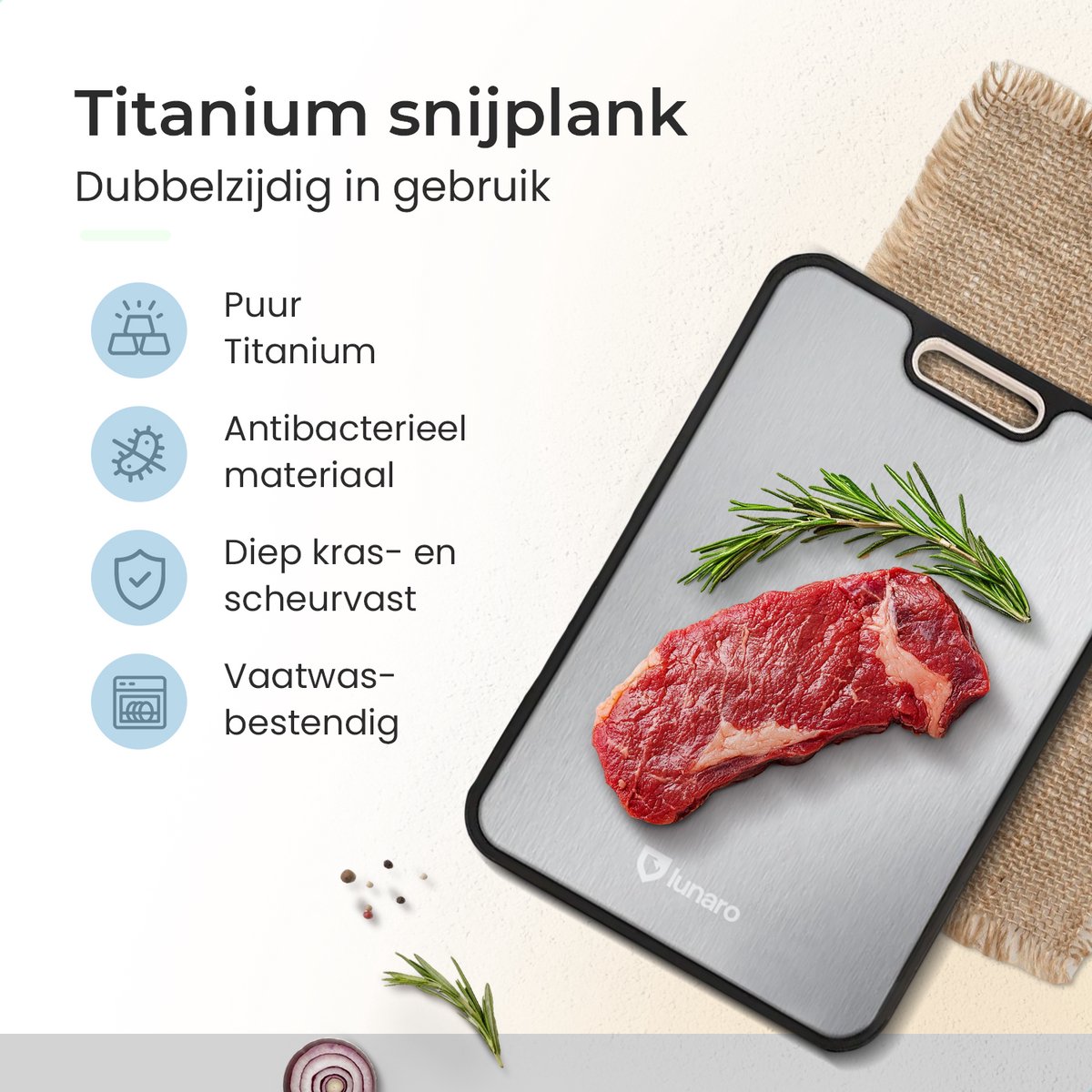 Lunaro Titanium Snijplank Dubbelzijdig – PFAS-vrij – Vermijd Microplastics – Met Raspdeel & Sapgeul – 39x27cm - Image 4