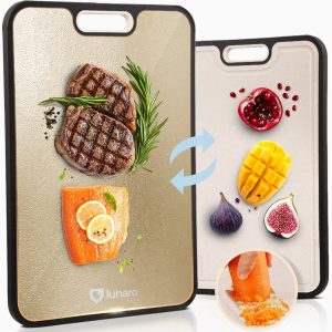 Lunaro 100% Titanium Snijplank Dubbelzijdig – PFAS-vrij – Cutting Board – Met Raspdeel & Sapgeul – Ice Crystal Gold